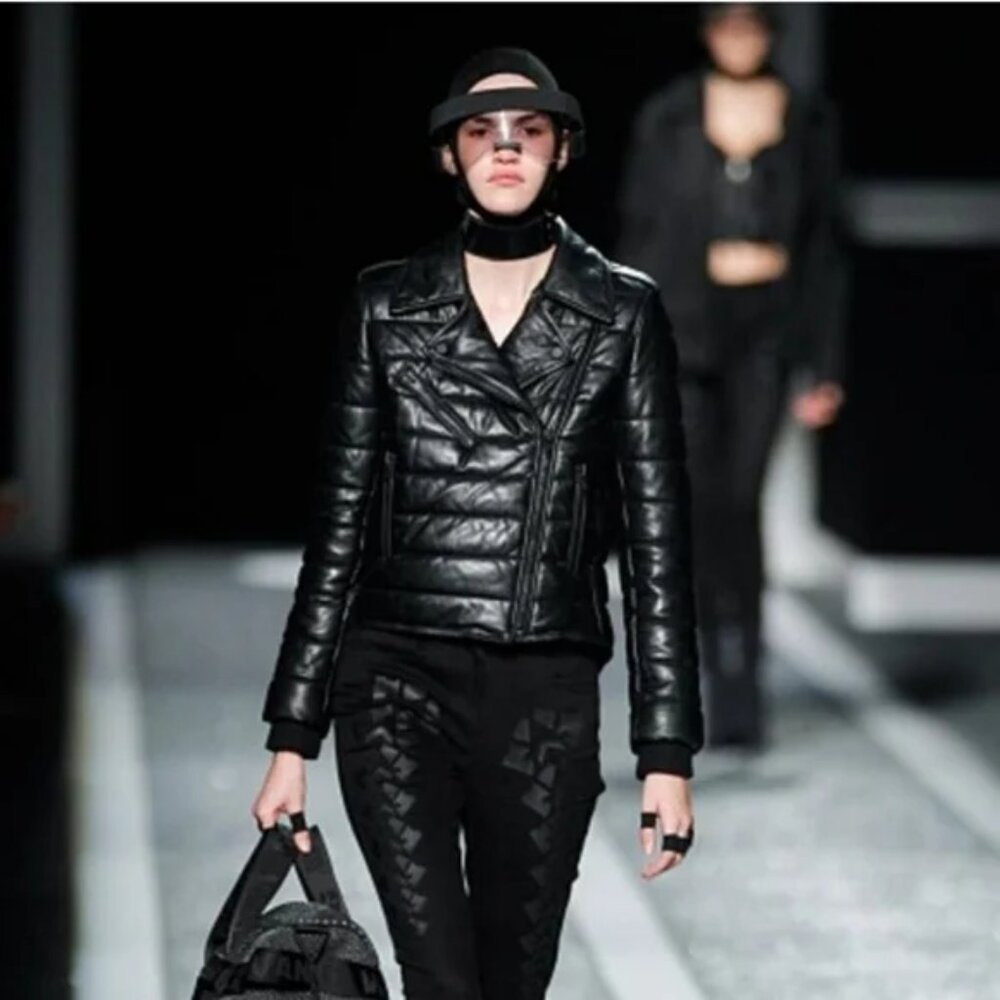 Alexander Wang for H&M Leather Black Puffer Moto Jacket Coat Size 10 (Preowned)